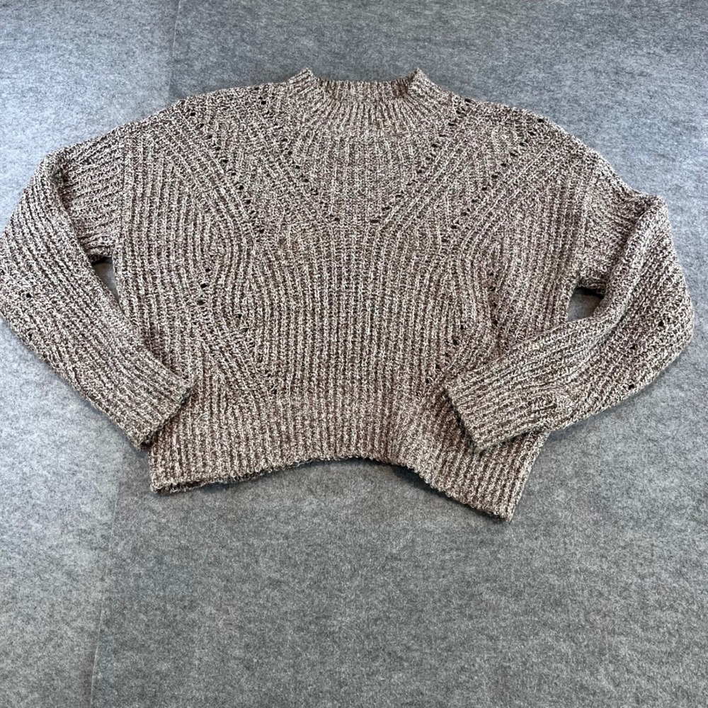 Pink Rose Womens Mock Neck Marled Knit Sweater Brown Boho Pointelle M PFOS22322